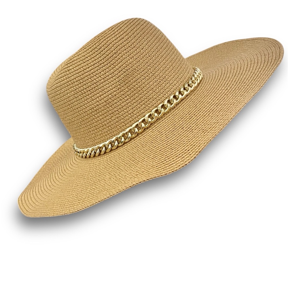 Chic Tan Wide-Brim Hat with Gold Chain Accent